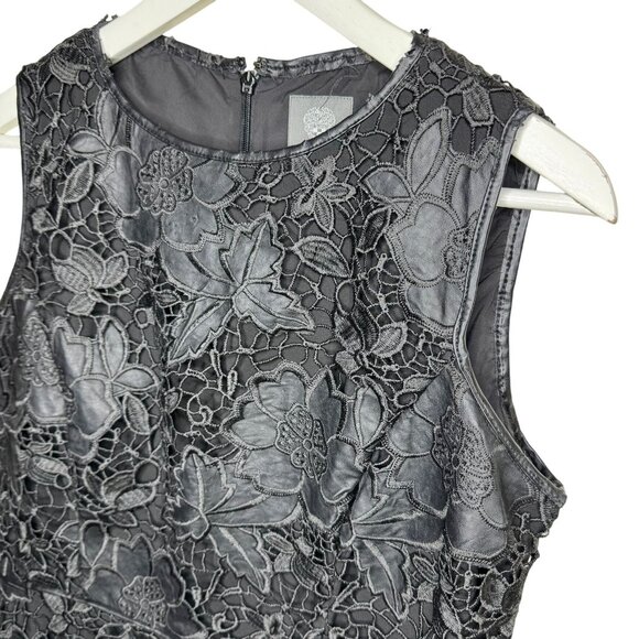Vince Camuto Black Laser Cut Faux Leather Floral Lace Sheath Dress, Size 12 - Picture 3 of 12
